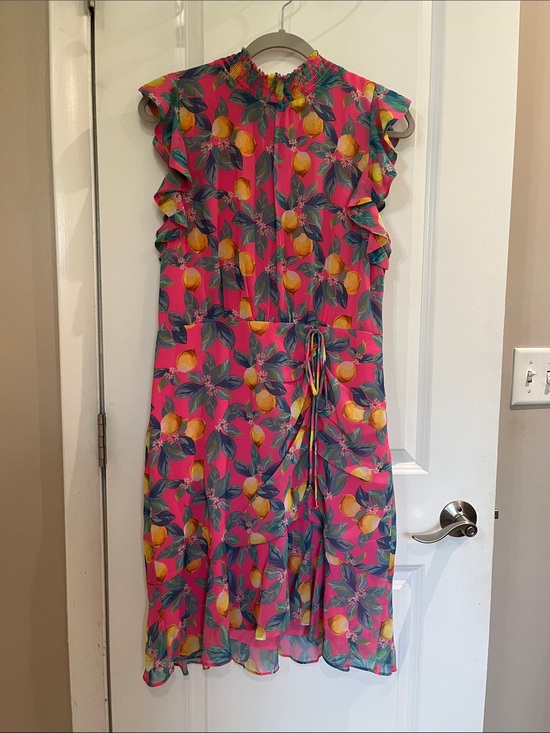 Sam Edelman Dresses & Skirts - Sam Edelman Tropical Lemon Print High Neck Chiffon Shift Dress Size 12 Pink NWT